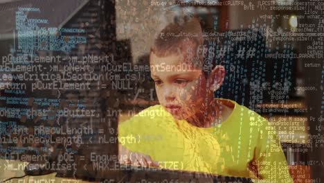 Animation-of-data-processing-over-caucasian-boy-using-computer-at-school-against-human-body-model