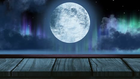Animation-of-full-moon-and-northern-lights-on-sky-over-wooden-pier