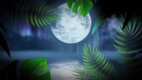 Animation-of-full-moon-and-northern-lights-on-sky-with-leaves
