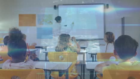 Animation-of-moving-screens-over-diverse-group-of-pupils-with-female-teacher