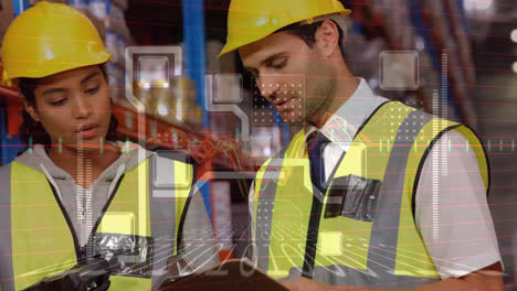 Animation-of-digital-data-processing-over-two-diverse-workers-of-warehouse