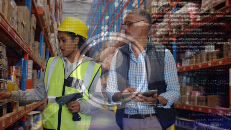 Animation-of-data-processing-over-female-worker-and-male-supervisor-checking-stock-at-warehouse