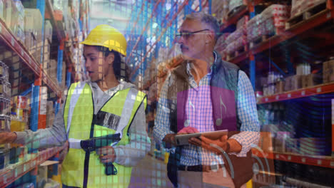 Animation-of-data-processing-over-female-worker-and-male-supervisor-checking-stock-at-warehouse