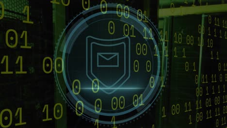 Animation-of-cyber-security-and-shield-with-email-in-circle-over-binary-code-on-black-background