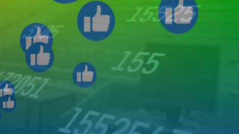 Animation-of-social-media-reactions-and-numbers-floating-over-green-background