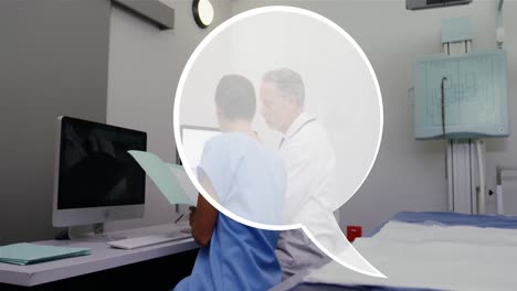 Animation-of-speech-bubble-over-diverse-doctors-using-computer