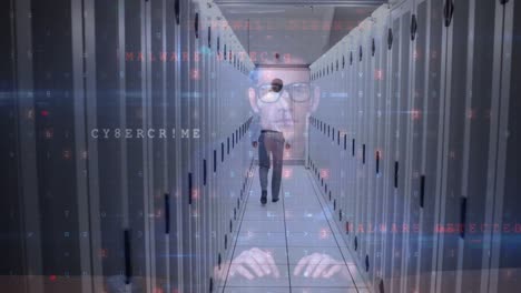 Animation-of-caucasian-male-hacker-over-man-walking-in-server-room