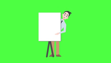 Animation-of-illustration-of-caucasian-man-with-whiteboard-talking-with-copy-space-on-green-screen