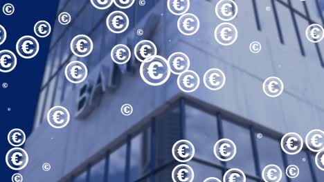 Animation-of-multiple-euro-symbols-over-bank-building-in-background