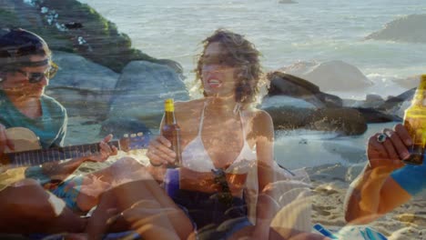 Animation-of-landscape-over-diverse-friends-drinking-beer-at-beach