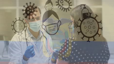 Animation-Von-Viruszellen-über-Einem-Kaukasischen-Männlichen-Arzt,-Der-Einen-Impfstoff-Hält