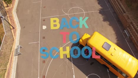 Animation-of-back-to-school-text-over-school-bus-and-schoolchildren