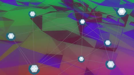 Animation-Eines-Netzwerks-Digitaler-Symbole-über-Einem-Blauen-Plexusnetzwerk-Vor-Grünem-Hintergrund
