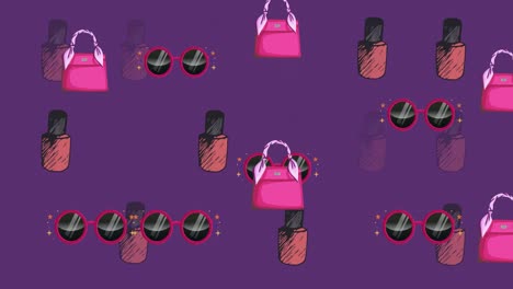 Animation-Des-Handtaschen--Und-Brillensymbols-Auf-Violettem-Hintergrund