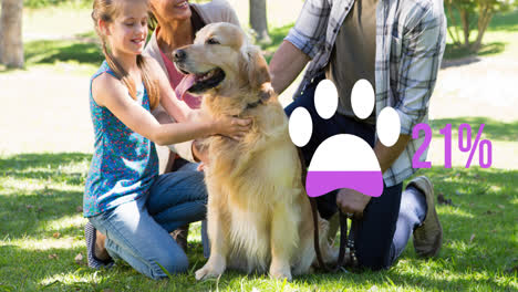 Animation-of-paw-icon-with-percentage-over-happy-caucasian-family-with-dog