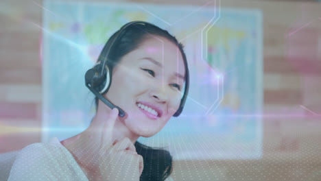 Animation-of-digital-space-and-lights-over-happy-asian-female-call-center-worker