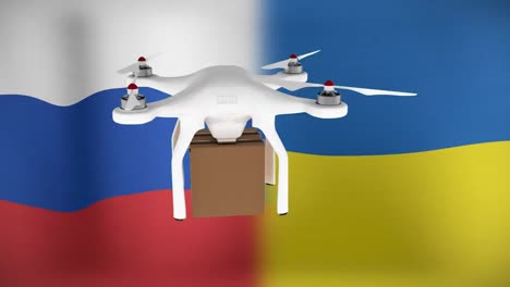 Animation-Einer-Drohne,-Die-über-Die-Flaggen-Russlands-Und-Der-Ukraine-Fliegt