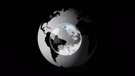 Animation-of-small-globe-over-big-globe-on-black-background