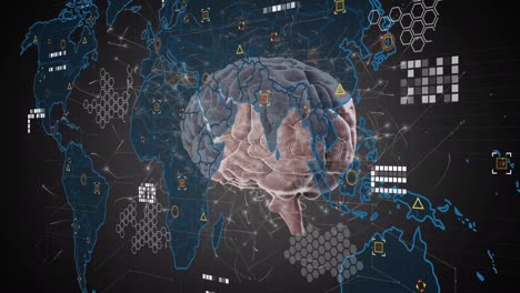 Animation-of-world-map-and-icons-over-rotating-brain-on-black-background