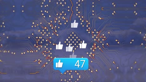 Animation-of-social-media-icons-and-computer-circuit-board-over-cityscape