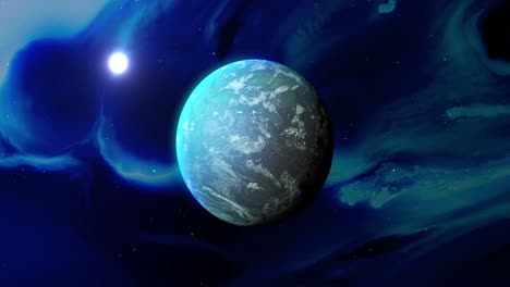 Animation-of-blue-planet-and-moon-in-blue-space