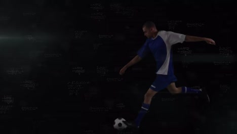 Animation-of-mathematical-equations-over-biracial-male-soccer-player-kicking-the-ball