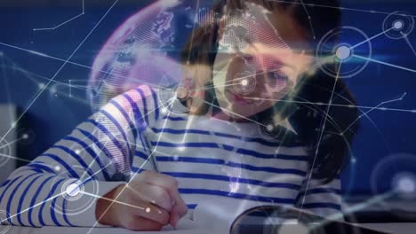 Animation-of-network-of-connections-and-globe-over-caucasian-girl-at-school