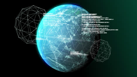 Animation-of-globe,-connections-and-data-processing-on-black-background