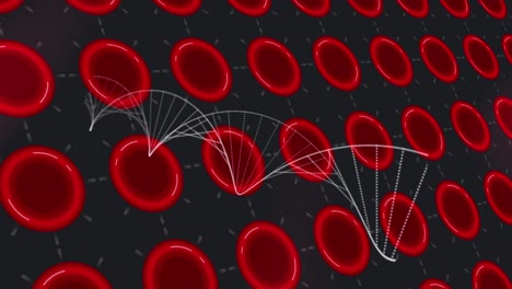 Animation-of-dna-strand-over-virus-cells-on-black-background