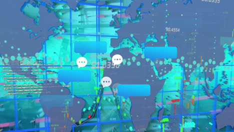 Animation-of-social-media-reactions-and-world-map-and-financial-graphs-over-green-digital-screen