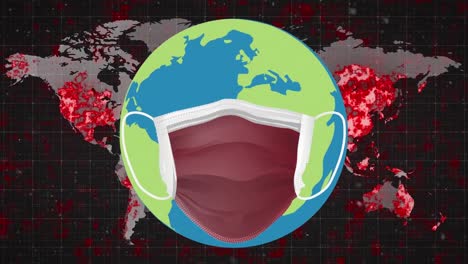Animation-Des-Globus-Mit-Gesichtsmaske-über-Der-Weltkarte