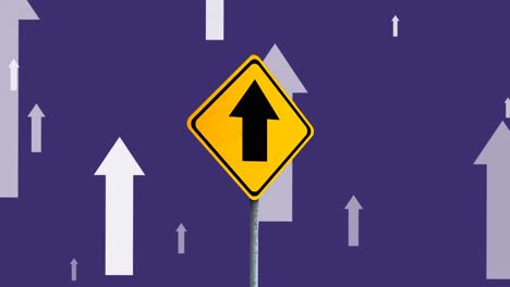 Animation-of-road-sign-and-arrows-on-blue-background
