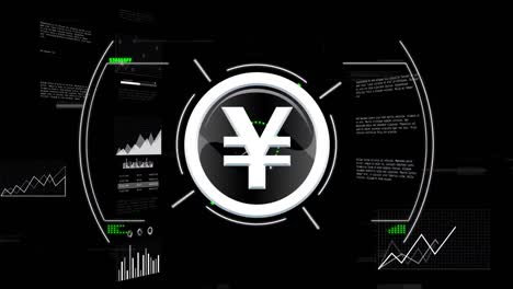 Animation-of-yen-symbol-over-data-processing-on-black-background