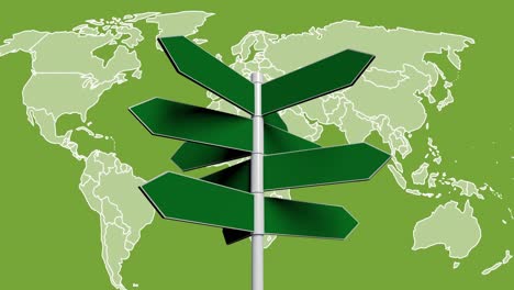 Animation-of-road-sign-and-world-map-on-green-background