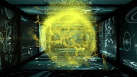 Animation-of-yellow-smoke-over-tunnel-made-of-screens-with-diverse-data