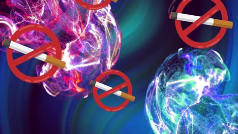 Animation-of-lit-cigarettes-with-no-smoking-signs-over-glowing-clouds