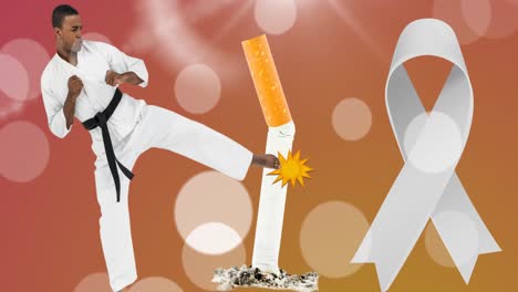 Animation-of-white-ribbon-and-african-american-karate-man-kicking-cigarette
