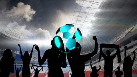 Animation-of-neon-soccer-ball-over-sport-stadium-and-people-silhouettes