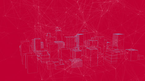 Animation-of-network-connecting-dots,-against-3d-urban-financial-city-on-red-digital-interface