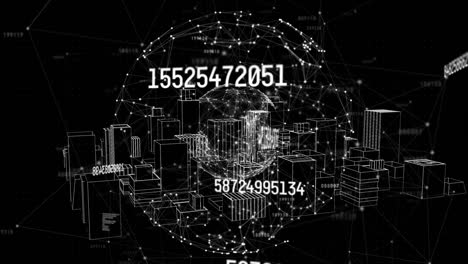 Animation-of-network-connecting-dots,-globe,-hud,-numbers,-3d-urban-city-on-digital-interface
