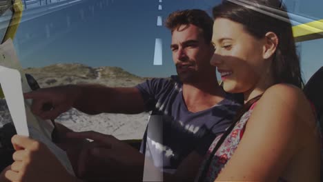 Animation-of-moving-road-over-happy-caucasian-couple-with-map-in-car-on-beach