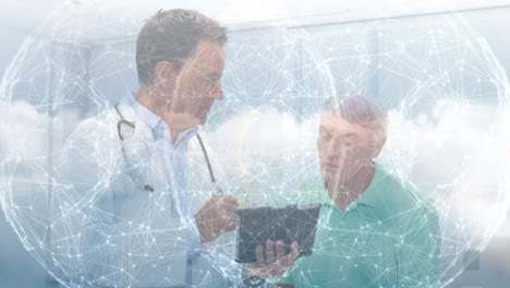 Dots-forming-globe-with-cloudy-sky-over-caucasian-doctor-showing-reports-over-tablet-to-senior-man