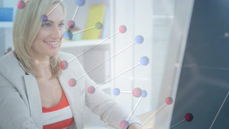 Animation-of-dna-strand-over-caucasian-businesswoman-using-computer