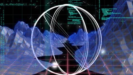 Animation-of-circles-spinning-on-3d-wireframe-mountains-against-data-processing-on-digital-interface