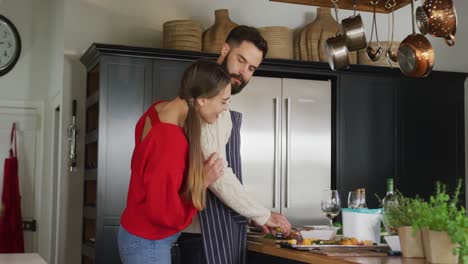 Video-Eines-Glücklichen-Kaukasischen-Paares,-Das-In-Der-Küche-Kocht