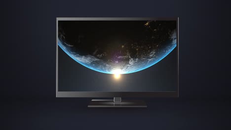 Animation-of-modern-tv-with-globe-over-black-background