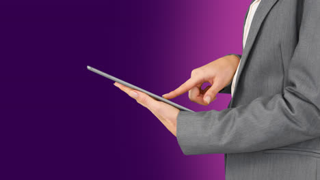 Animation-of-caucasian-businesswoman-using-tablet-on-purple-background