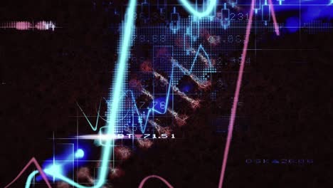 Animation-Der-DNA-Strukturspinnen-Und-Finanzdatenverarbeitung-Vor-Schwarzem-Hintergrund