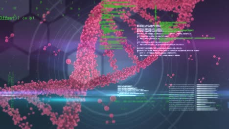 Animation-Der-Datenverarbeitung-über-DNA-Und-Chemische-Strukturen-Vor-Violettem-Hintergrund