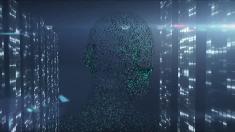 Animation-Eines-Digitalen-Menschlichen-Kopfes-über-Beweglichen-Säulen-Auf-Schwarzem-Hintergrund